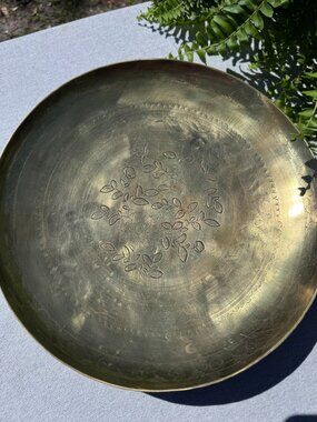 Vintage Chinese Solid Brass Bowl, Hand Engraved Peony Design, 1930s-1960s